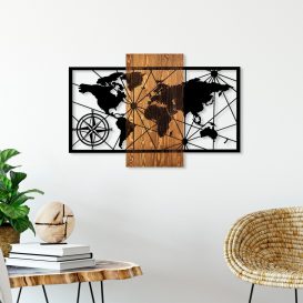 World Map 3-M Decor de perete din lemn 84x57 Nuc-Negru