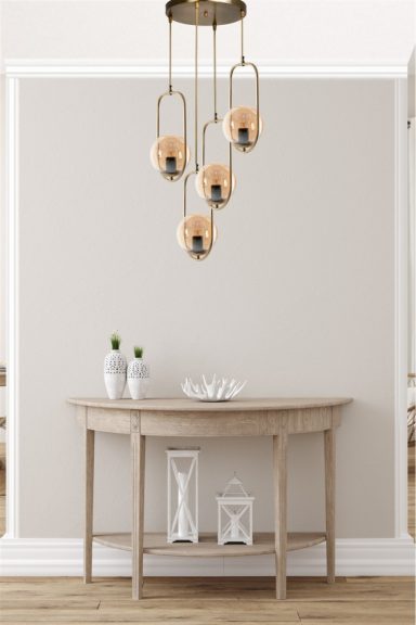 Ahu 4 Lü Tepsili Bal Camlı Eskitme Sarkıt Candelabru de design interior Cupru 30x30x70 cm