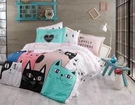 Set cuvertură dublu poplin Love Cats Multicolor