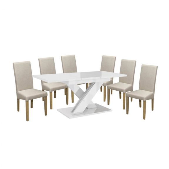 Set dining pentru 6 persoane Maasix WTG High Gloss White cu scaune Bej Vanda