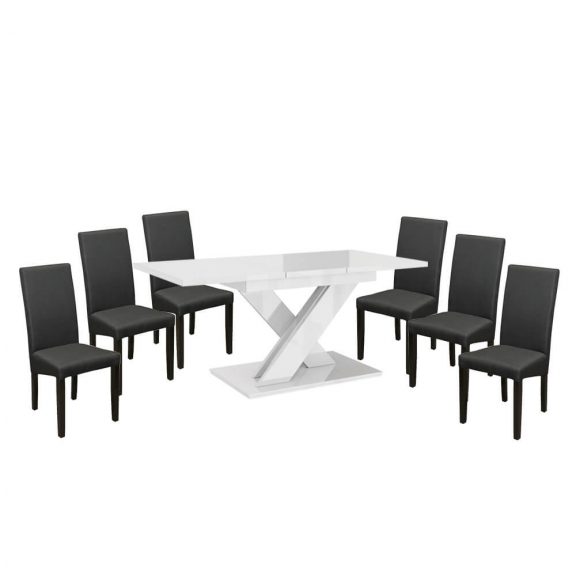 Set dining pentru 6 persoane Maasix WTG High Gloss White cu scaune Gri Vanda