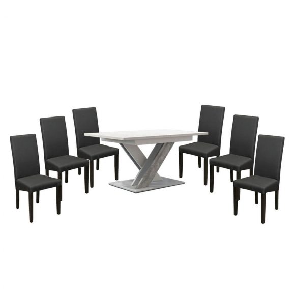 Set dining pentru 6 persoane Maasix WTS, alb-gri, lucios ridicat, cu scaune Vanda gri