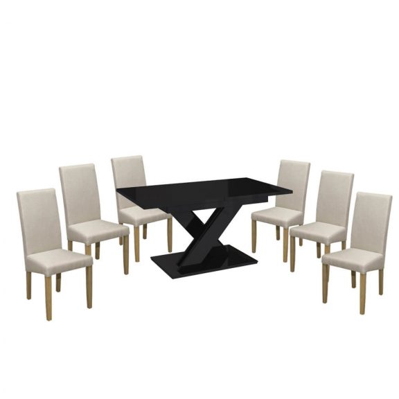 Set dining pentru 6 persoane Maasix BKG High Gloss negru cu scaune Beige Vanda